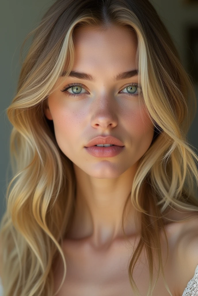 Make a blonde model with green eyes