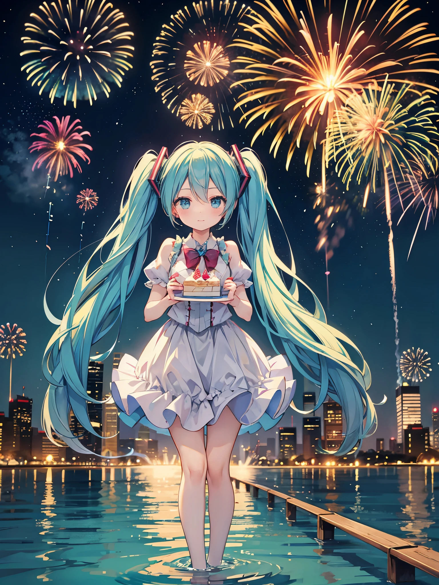 Hatsune Miku holding a birthday cake. Fireworks in the background.