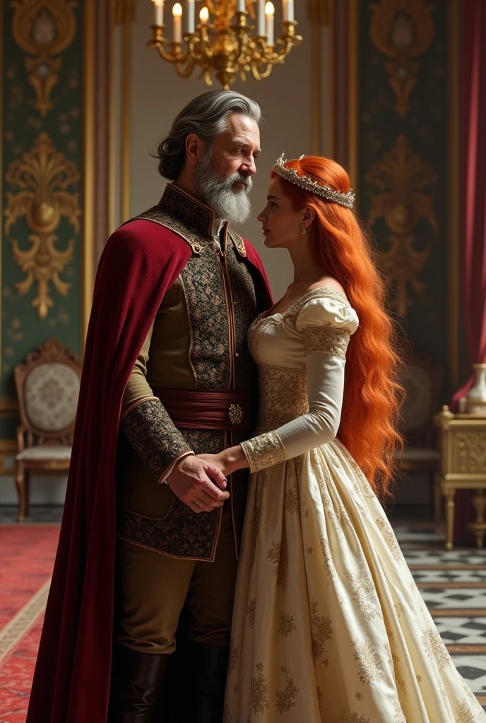 Create a 60-year-old royal couple,The king should have brown hair and the queen should have red hair.