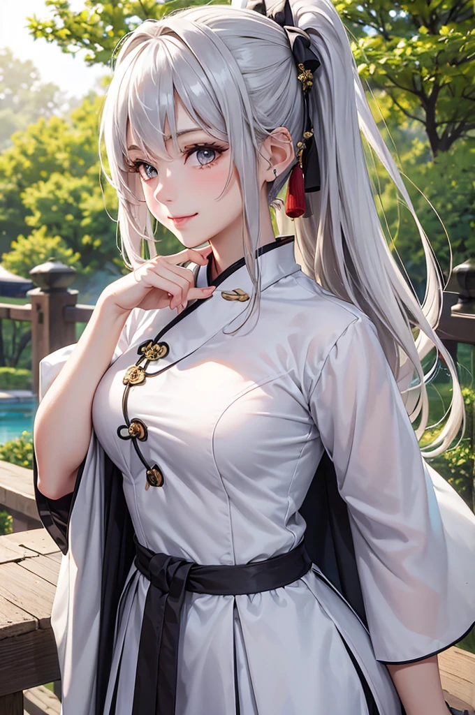 Best Quality,High resolution,8k,finelity detailed background,Masterpiece:1.2),beautiful girl,Glossy romance gray hair,pony tail,Gray eyes,Gentle look,A refreshing look,smile,Best quality,Best Quality,Aesthetic and aesthetic:1.2,Best details((Super detailed))(High-definition CG illustrations),China dress,Slender body,Japanese garden,smile,blush,cute,Scrounge,Looking up,Being spoiled,super model