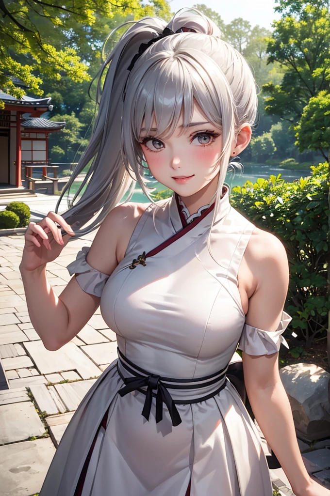 Best Quality,High resolution,8k,finelity detailed background,Masterpiece:1.2),beautiful girl,Glossy romance gray hair,pony tail,Gray eyes,Gentle look,A refreshing look,smile,Best quality,Best Quality,Aesthetic and aesthetic:1.2,Best details((Super detailed))(High-definition CG illustrations),China dress,Slender body,Japanese garden,smile,blush,cute,Scrounge,Looking up,Being spoiled,super model