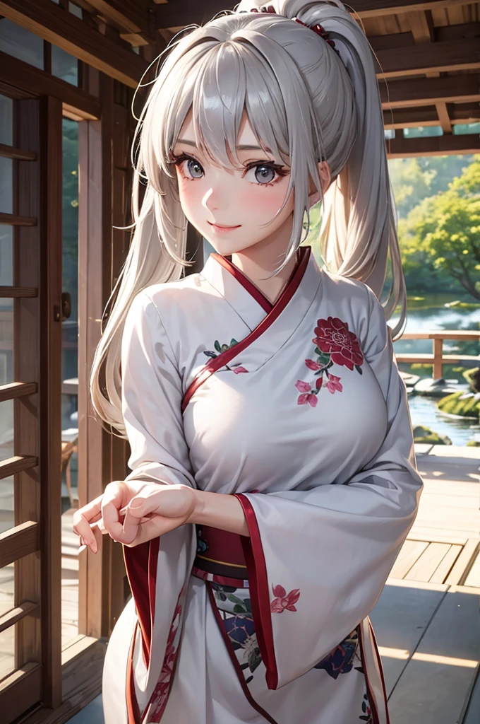 Best Quality,High resolution,8k,finelity detailed background,Masterpiece:1.2),beautiful girl,Glossy romance gray hair,pony tail,Gray eyes,Gentle look,A refreshing look,smile,Best quality,Best Quality,Aesthetic and aesthetic:1.2,Best details((Super detailed))(High-definition CG illustrations),China dress,Slender body,Japanese garden,smile,blush,cute,Scrounge,Looking up,Being spoiled,super model