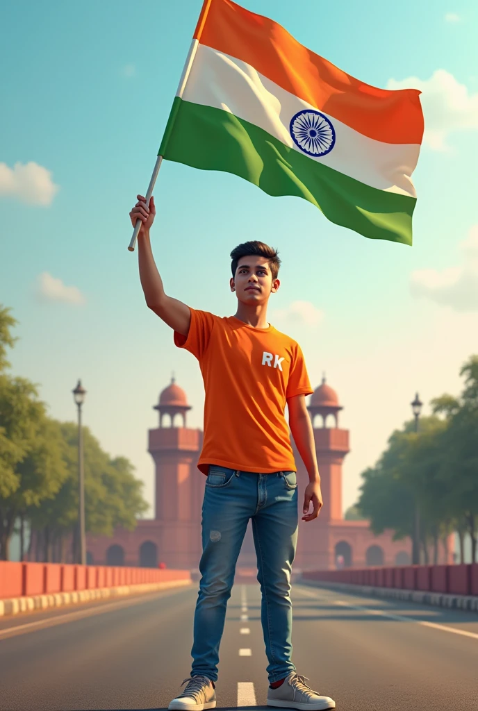 A real 25 years old boy, Wearing Orange T shirt blue jeans sneakers and the name “RK” is written on his t-shirt and the boy is standing on the road with holding a national flag of India, and behind him is the Red Fort Delhi. And written on sky “Independence Day” Create Realistic image high quality