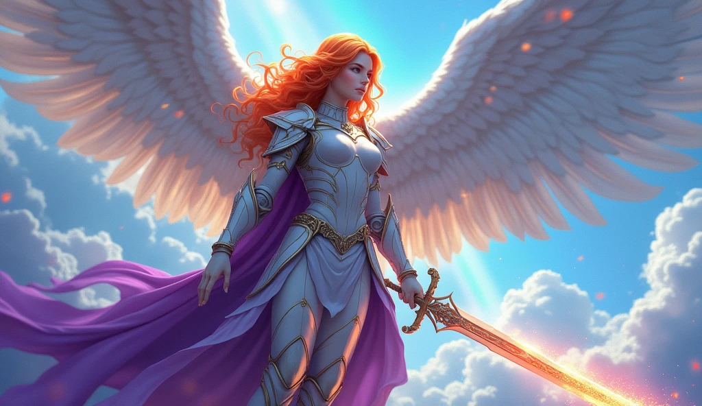 fantasy art, epic fantasy art,  a female angel standing guard in heaven, her wings spread wide, she holds a (fiery sword: 1.2), wearing intricate armor, white armor, she is wearing purple cloak, wearing high heeled boots, flowing cloak, most beautiful angel, (best detailed face: 1.5) orange hair, wavy hair, epic hair, blue eyes, ((glowing blue eyes: 1.3)),  heavenly clouds, rainbow background. divine rays, vibrant, Ultra-high resolution, High Contrast, (masterpiece:1.5), highest quality, Best aesthetics), best details, best quality, highres, ultra wide angle, 16k, [ultra detailed], masterpiece, best quality, (extremely detailed: 1.5),