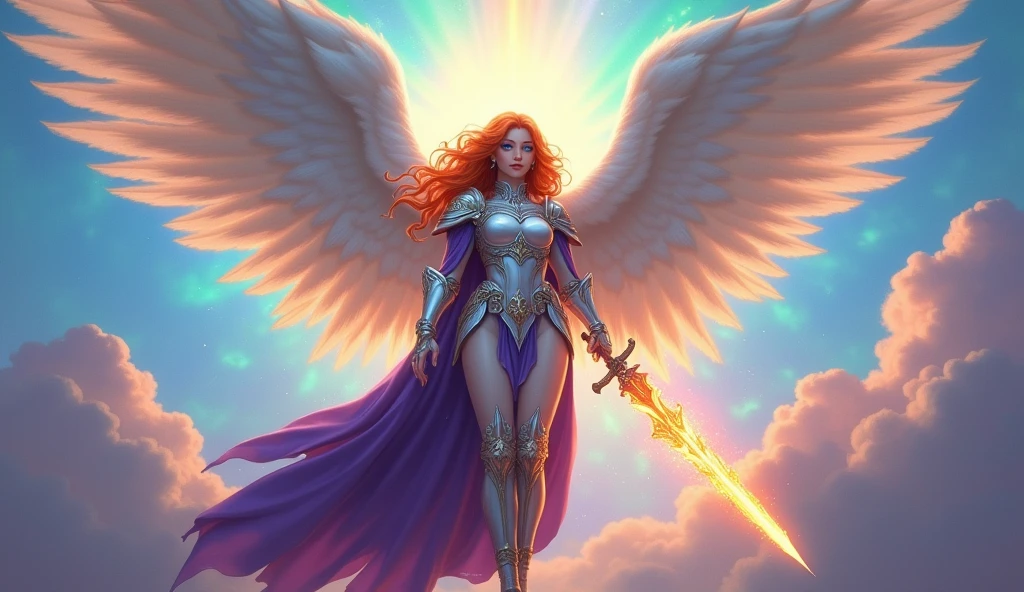 fantasy art, epic fantasy art,  a female angel standing guard in heaven, her wings spread wide, she holds a (fiery sword: 1.2), wearing intricate armor, white armor, she is wearing purple cloak, wearing high heeled boots, flowing cloak, most beautiful angel, (best detailed face: 1.5) orange hair, wavy hair, epic hair, blue eyes, ((glowing blue eyes: 1.3)),  heavenly clouds, rainbow background. divine rays, vibrant, Ultra-high resolution, High Contrast, (masterpiece:1.5), highest quality, Best aesthetics), best details, best quality, highres, ultra wide angle, 16k, [ultra detailed], masterpiece, best quality, (extremely detailed: 1.5),