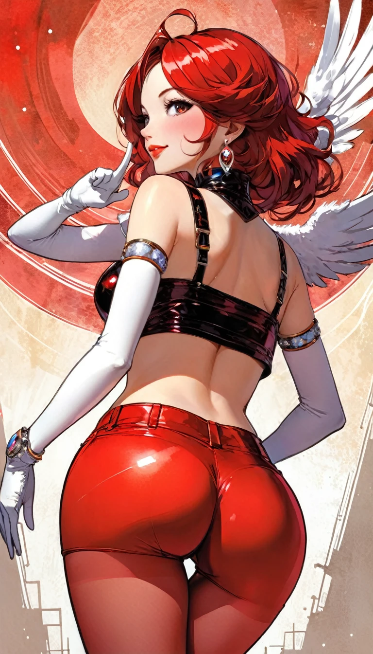 from behind, On her knees, her hair flying, her left hand pointing to the sky, the anime girl is a solitary presence. Jeweled earrings and white gloves adorn her wrists. Her thigh straps peek out from under her shorts and pantyhose, and she smiles and looks at the viewer. Her sleeveless top exposes her shoulders, and her lips speak., Maximum detailed textures, Maximum detailed shadows, Maximum detailed backgrounds, ,full body, ,sinozick style,,sinozick style, ,RED theme,intricate line drawing,  Bill Sienkiewicz inspired art