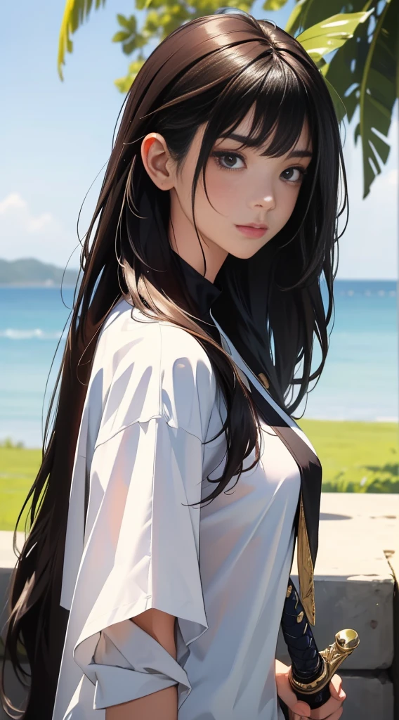  (best quality: 1.2), clean face, (masterpiece: 1.2, 8k) perfect anatomy, 1girl,a beautiful fashion model ,(masterpiece, official art, best quality ,long and shiny hair,, ，Bigchest， From the front side， Wet straight hair， Sweating profusely，best qualtiy，，，ultra - detailed，facing at camera，A high resolution，ultra - detailed），Very long hair，Combat posture，Sword in one hand, blunt bangs