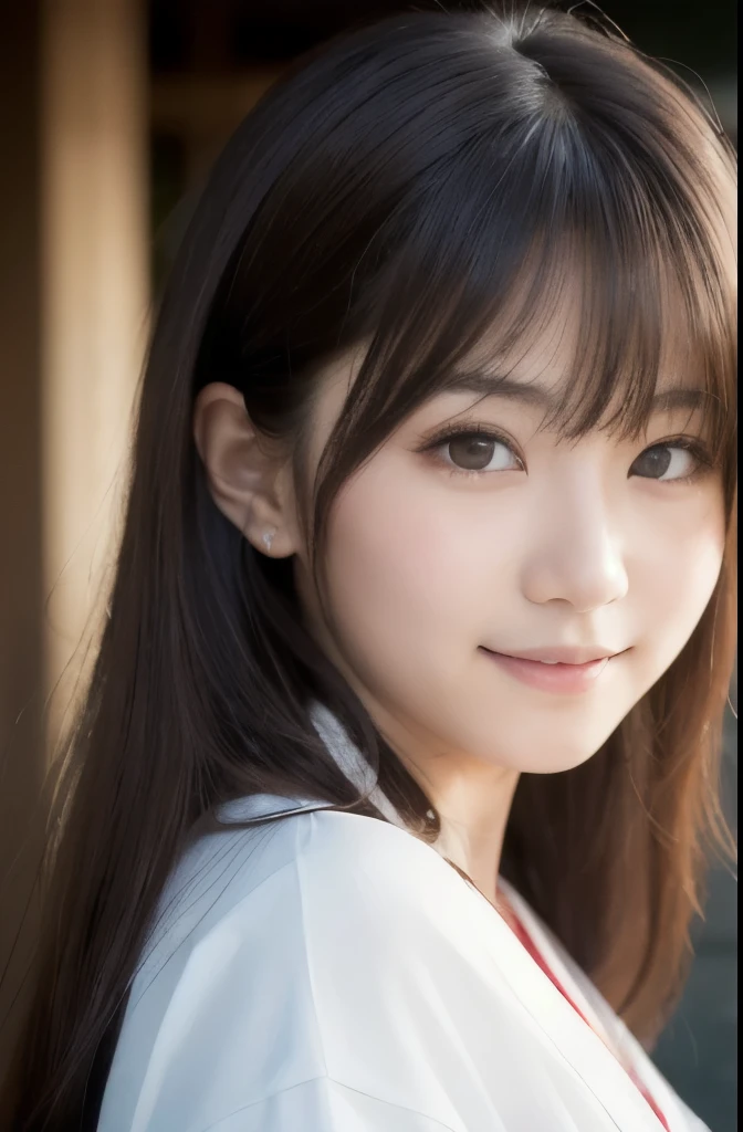 best quality, face focus, soft light, ultra high res, (photorealistic:1.4), RAW photo,(Shinozaki Ai), white skin, kawaii, 1 Japanese girl, solo, cute, (smile), (pupil, lights in the eyes),  detailed beautiful face, busty,(high resolution detail of human skin texture),(long hair),(portrait), upper body, white traditional kimono