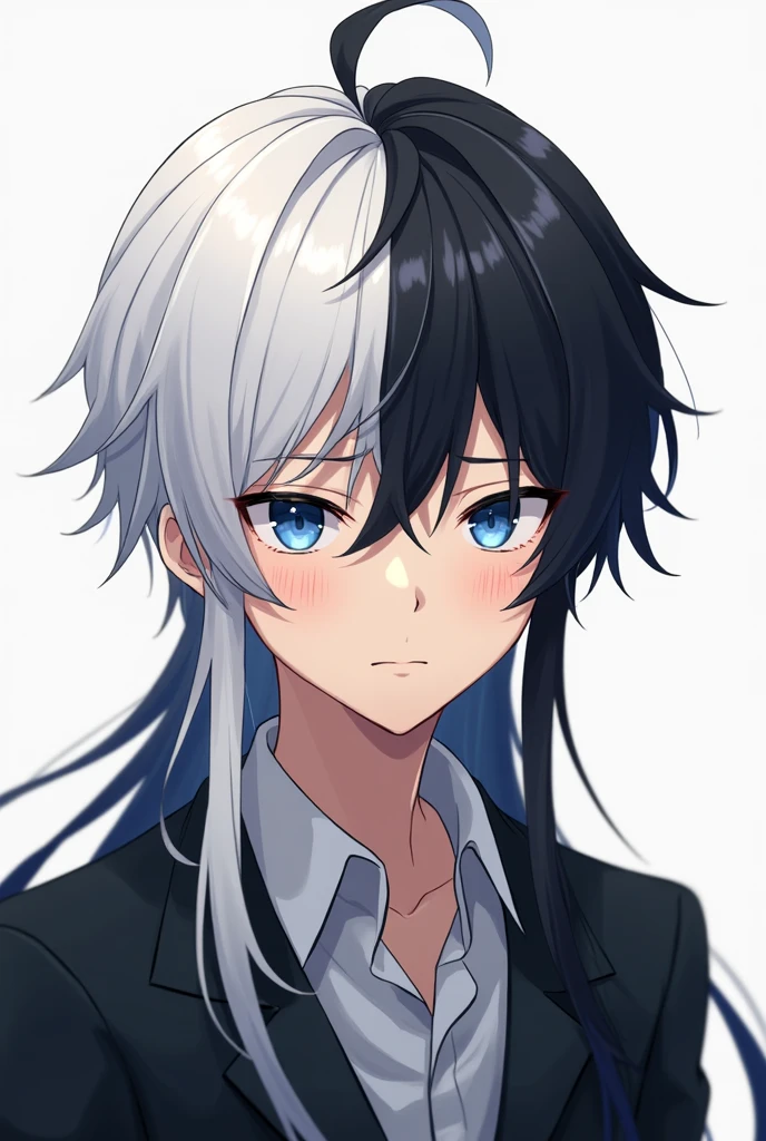 An anime boy with long half white and half black hair.boy