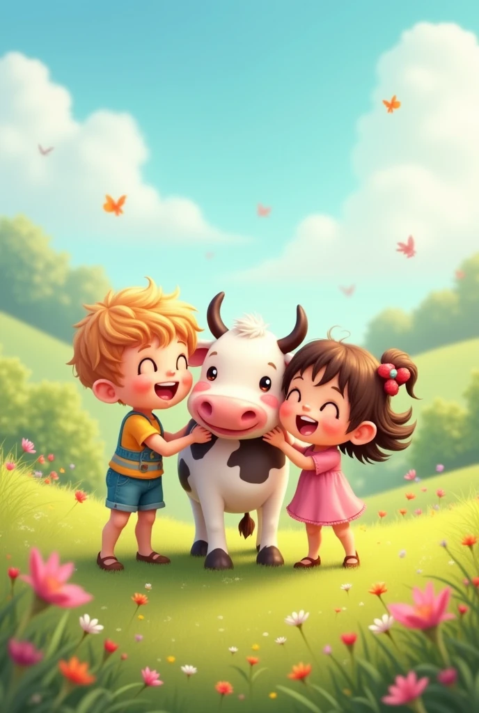 Make two cute kids playing with a cow for a slide cover
