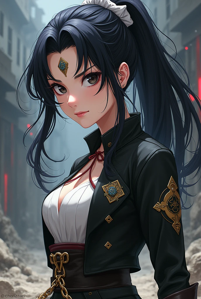 An anime girl with demon slayer drawing style, with the demon hunter uniform, that she has a ponytail with a white ribbon on her forehead and her hair is black with some white hairs, with black eyes, Bella