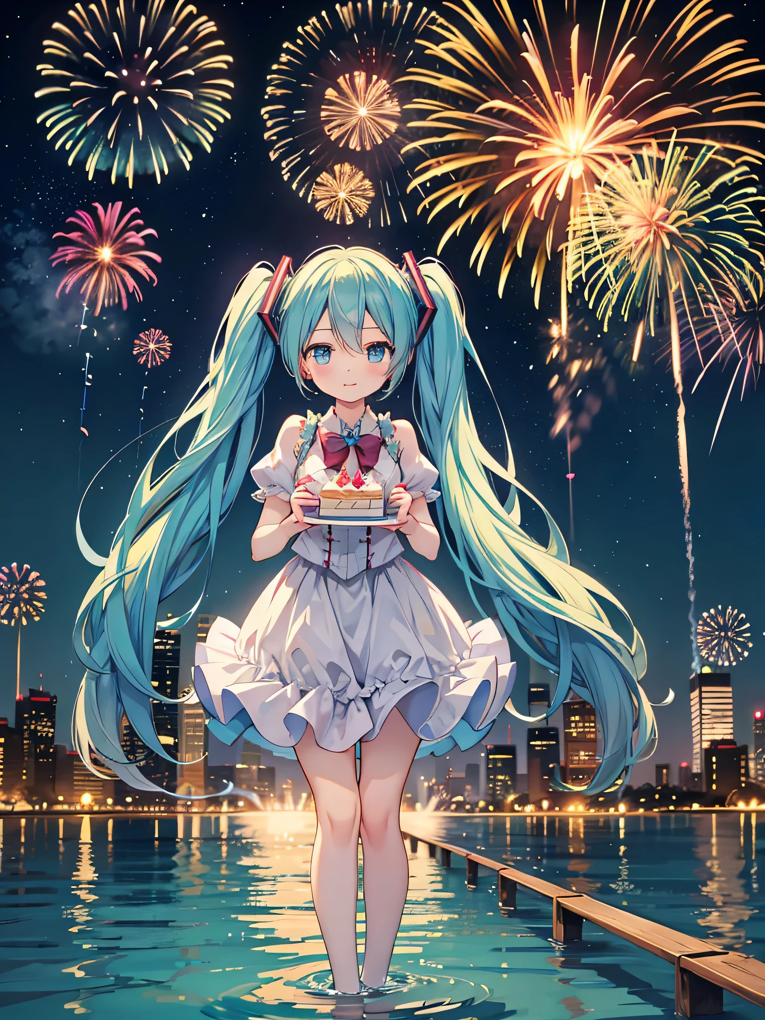 Hatsune Miku holding a birthday cake. Fireworks in the background.