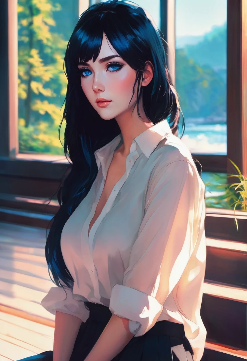 A woman with long black hair and blue eyes wearing a black blouse, guweiz style artwork, animated style. 8k, 🤤 digital art portrait of woman Ilia Kuvshinov, anime vibes, Ilia Kuvshinov. 4k, Ilia Kuvshinov with long hair, digital anime illustration, 8k high quality detailed art