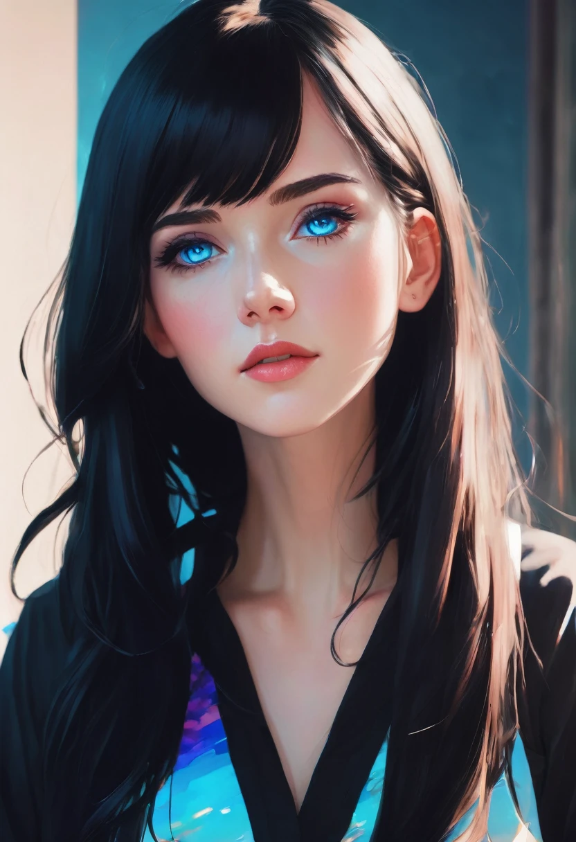 A woman with long black hair and blue eyes wearing a black blouse, guweiz style artwork, animated style. 8k, 🤤 digital art portrait of woman Ilia Kuvshinov, anime vibes, Ilia Kuvshinov. 4k, Ilia Kuvshinov with long hair, digital anime illustration, 8k high quality detailed art