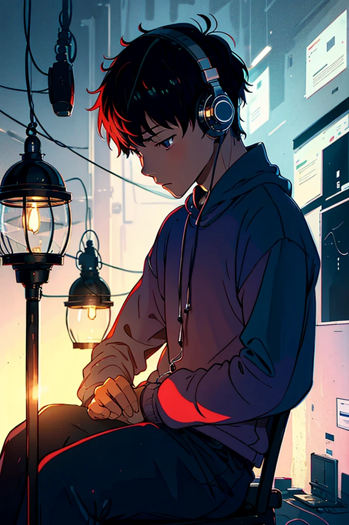 boy studying alone in a dimly lit room and sitting on comfortable chair with headphones listening to lofi