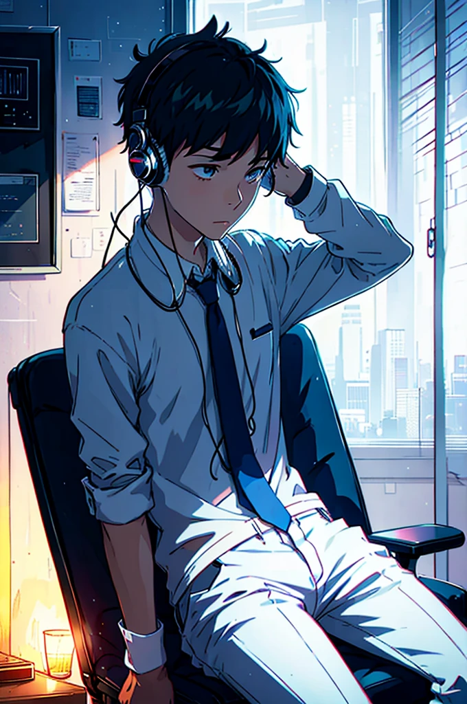 boy studying alone in a dimly lit room and sitting on comfortable chair with headphones listening to lofi