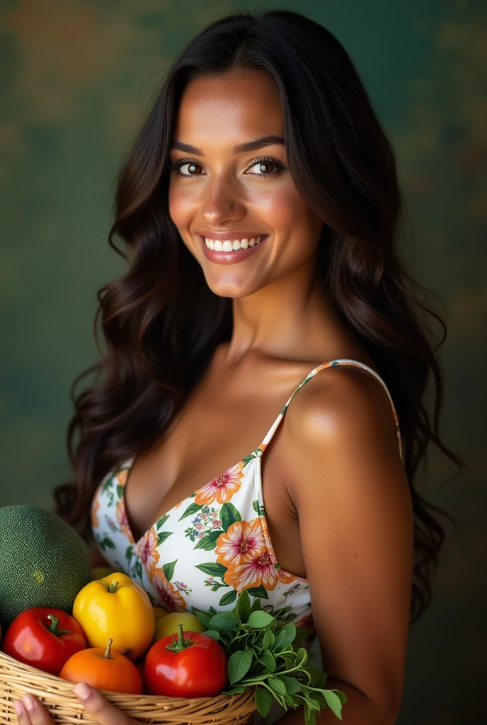 (ecuadorian, 34 years,), too small and natural breasts brown eyes,dark long brown hair, full lips, a slight smile expression, tanned dark skin seductive,portrait,realist,High resolution,(vivid colors:1.1),(ultra detailed:1.2),(studio lighting:1.1),(sharp focus:1.1), sexy, Floral dress, holding a basket of fresh produce, smiling happily.
