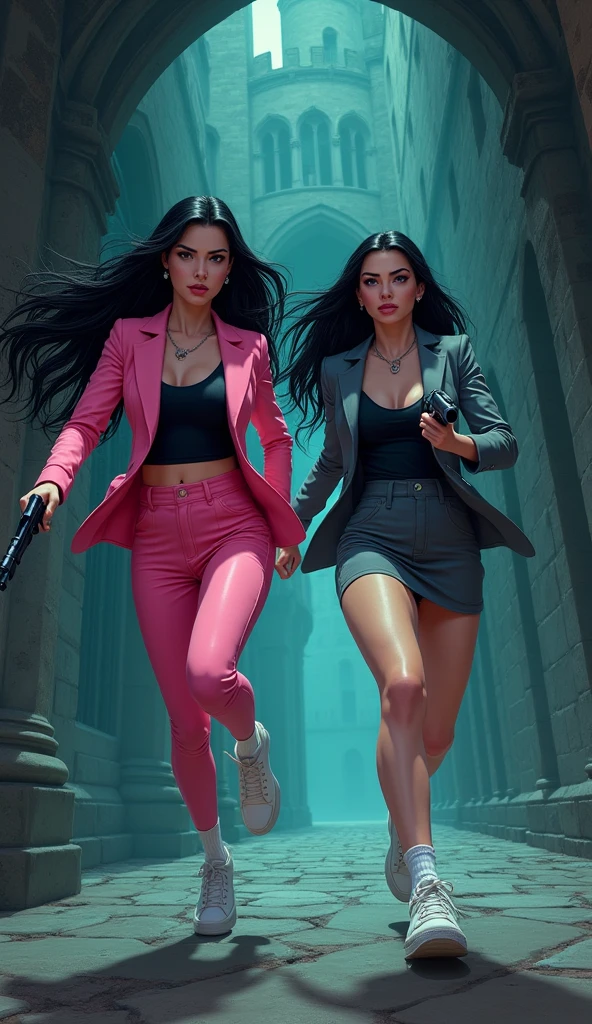 Two womens long black hairs, yuri,
(The first women wear a pink suit, black shirt, pink pencil skirt, black underpants, black tights, white socks, white sneakers)

(The second women wore a grey suit, black shirt, grey pencil skirt, black underpants, black tights, white socks, white sneakers)

holding a handguns, running and escape inside the vampire castle,  cartoon novel, 4K, HD