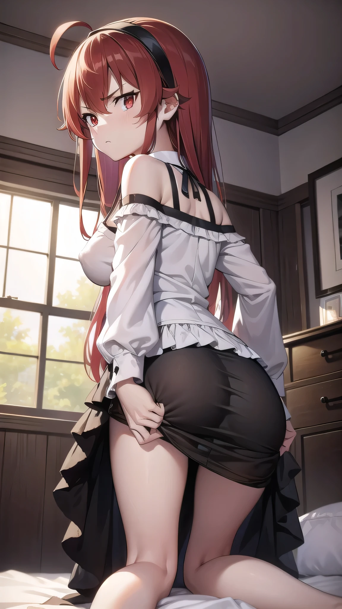BREAK looking at viewer, BREAK (masterpiece:1.2), best quality, high resolution, unity 8k wallpaper, (illustration:0.8), (beautiful detailed eyes:1.6), extremely detailed face, perfect lighting, extremely detailed CG, (perfect hands, perfect anatomy),mansion,bedroom, windows,soft light,night,eris greyrat, ahoge, hair between eyes, long hair, (red eyes:1.5), red hair, sidelocks, (medium breast:1.2),bare arms, bare shoulders, black hairband, black ribbon, brown skirt, hairband, long sleeves, neck ribbon, pantyhose, ribbon,shoulder cutout, skirt,cleavege,neckline,nipples see through,nipples,unbuttoned shirt,open shirt,angry face,shy face,showing legs,showing feet,showing bra,showing breasts,showing panties,black pantyhose, from behind, ass view, on knees,on all fours, showing ass,bend over,from below.