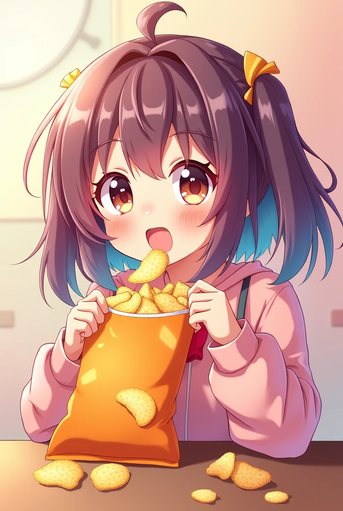 Anime eating bagged chips with three-quarter angle