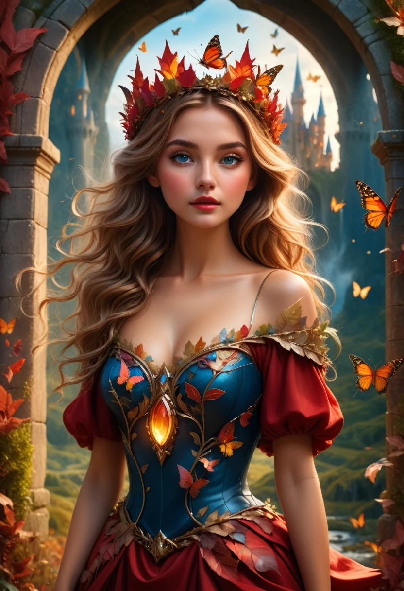 A dynamic knees-up pose of a beautiful 20-year-old woman with messy dark blonde hair, set in a mystical fantasy landscape. She is in front of a portal that leads to a magical castle, surrounded by an enchanting atmosphere. The woman has striking, detailed eyes and lips, with long eyelashes. She wears a crown of red leaves and a dress made of leaves and wildflowers, with butterflies and birds flying around her. The image is photorealistic and hyper-detailed, with intricate details, dramatic lighting, and a cinematic composition in 4K resolution.