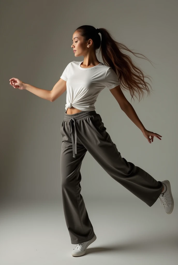 long hair ponytail woman wearing t-shirt and pant dancing full length show face dancing