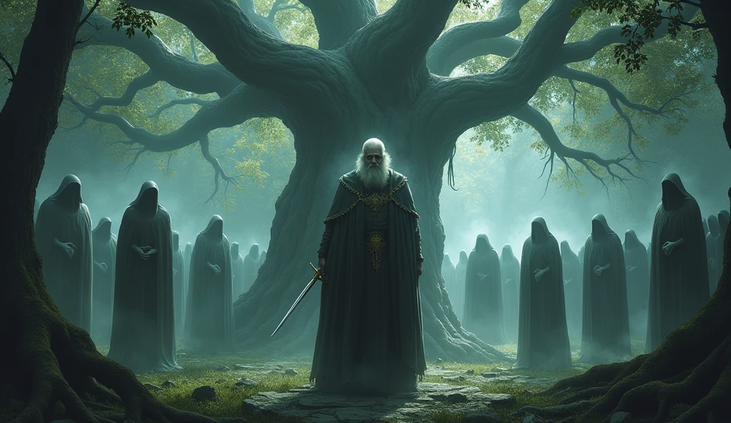 
The spirit circle the king
The spirit are human souls who were dead
The tree is an almost eerie presence, their roots twisted and gnarled, reaching deep into the earth. Deeper into the forest, partially hidden by shadows.
The king is an old wise king, dressed in regal but worn-out attire holding a sword