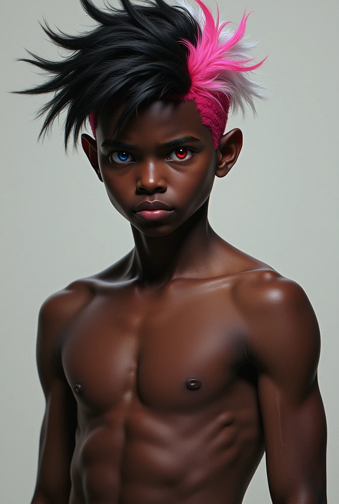 Muscular dark-skinned boy with black, white and pink hair has one red eye and the other blue 
