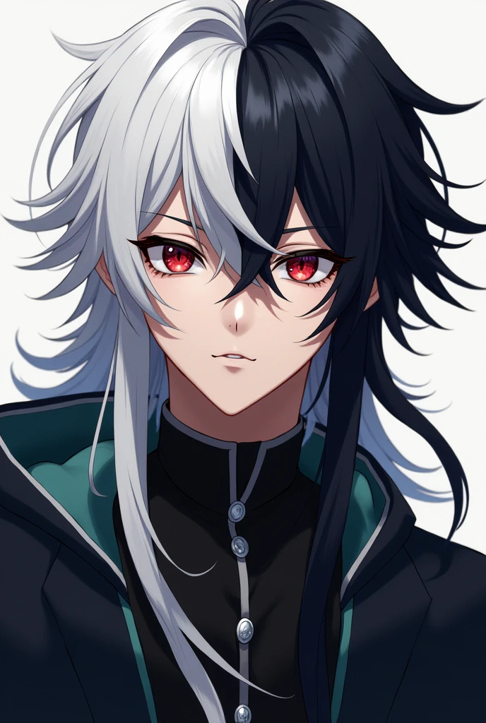 An anime boy with long half white and half black hair.boy