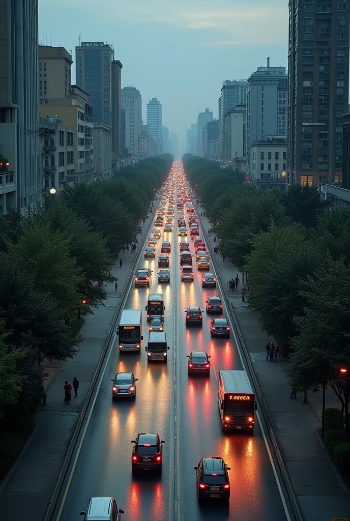 City seen from above with narrow sidewalks, without vegetation, poorly lit. Major roads in traffic jams.