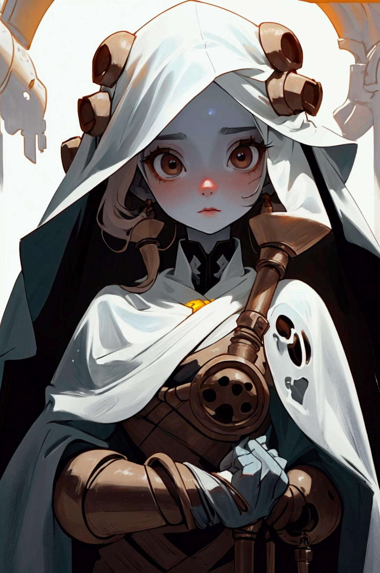 Laboratory analyst, veiled, wide brown eyes, her name is Sidra, white skin color,