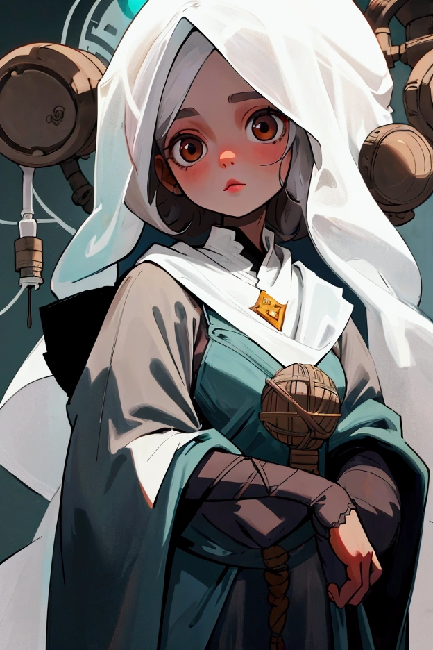 Laboratory analyst, veiled, wide brown eyes, her name is Sidra, white skin color,