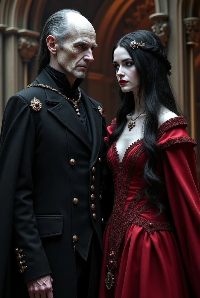 Create a couple of 60-year-old vampire kings,He must be very white and black-haired and she must have very long black hair and must be white 