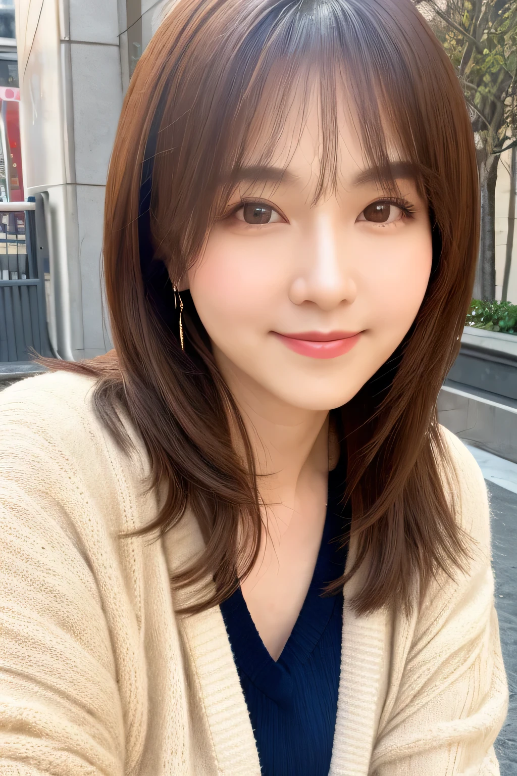 close-up portrait photo of a in his late transgender 30s with a feminine appearance, dressed in light cross-dressing style, wearing a woman's cardigan, soft lighting, natural makeup, subtle smile, city background, daytime