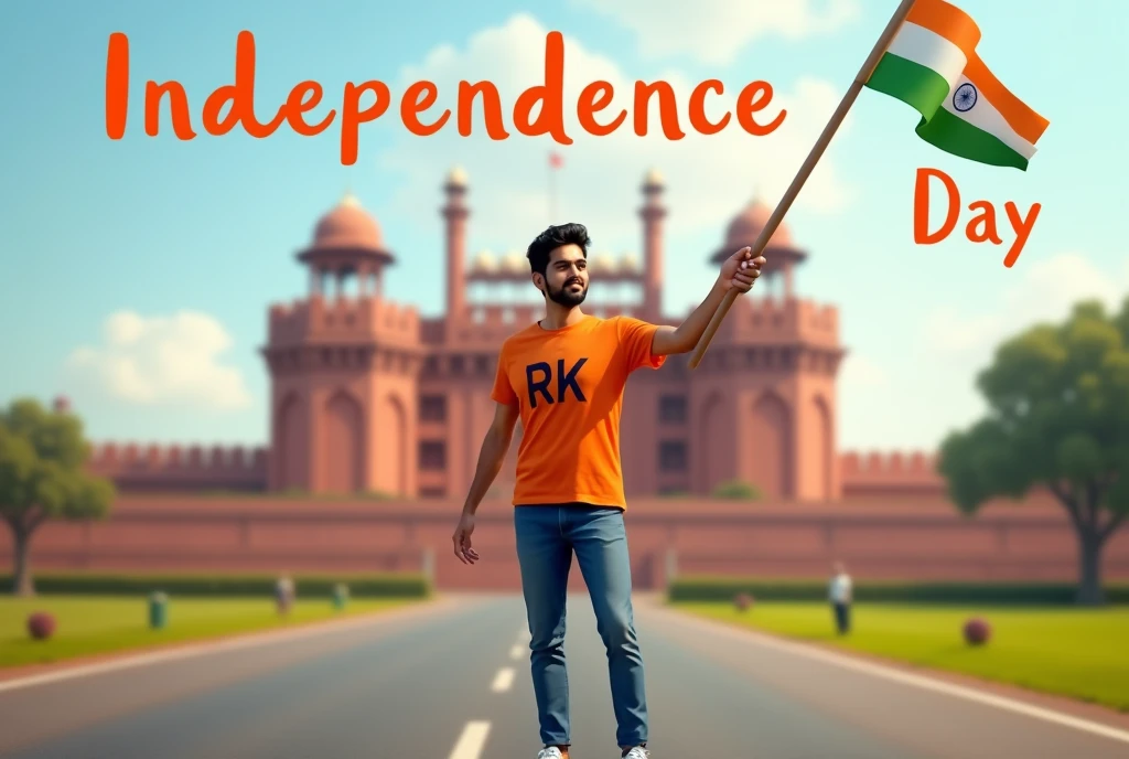A real 25 years old boy hieght 5.3m, Wearing Orange T shirt blue jeans sneakers and the name “RK” is written on his t-shirt and the boy is standing on the road with holding a national flag of India, and behind him is the Red Fort Delhi. And written on sky “Independence Day” Create Realistic image high quality