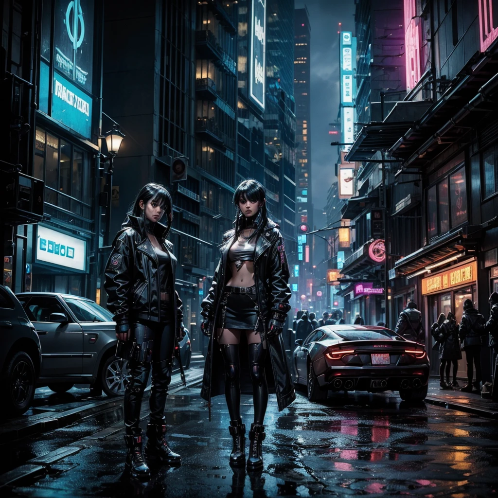 a cyberpunk girl stands outside a nightclub on a street of a futuristic and dystopian city, not far away you can see futuristic cars with some cyborgs