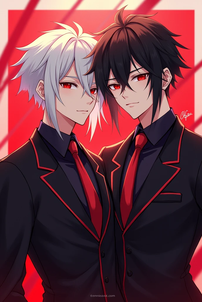 Two anime guys that’s hot looking, one has white hair, red eyes, in a black-red suit, the another has black hair, red eyes, black-red suit, both are twins. That fits to be a profile pic.