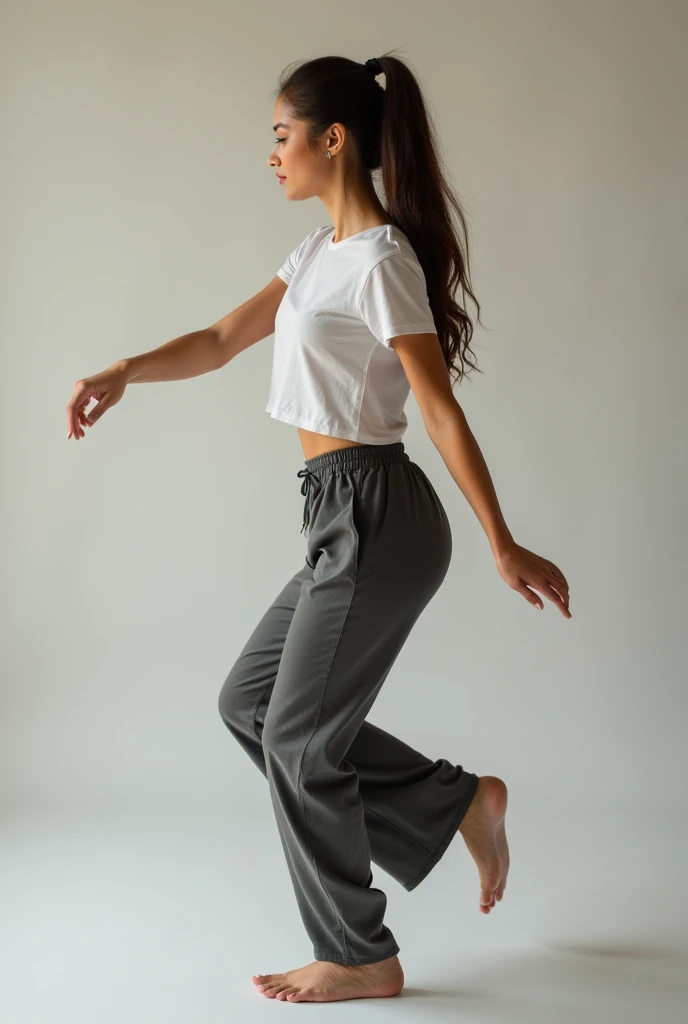 long hair ponytail woman wearing t-shirt and pant dancing full length show face dancing