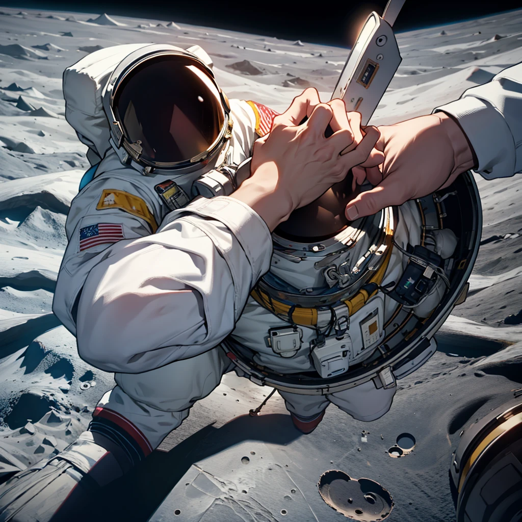 Astronaut touching his hand on the moon