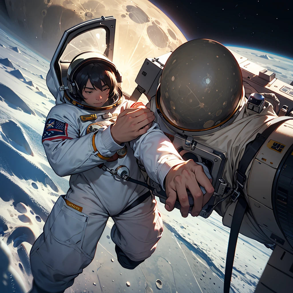 Astronaut touching his hand on the moon