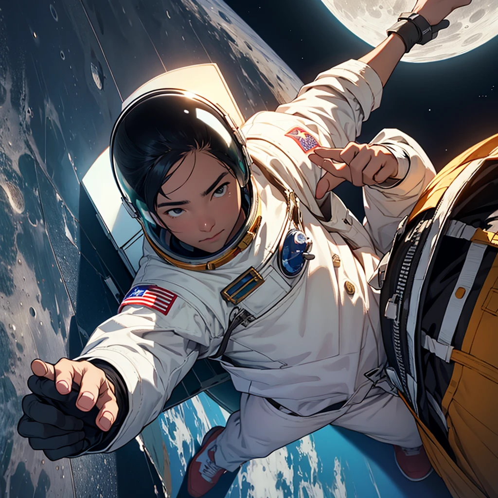 Astronaut touching his hand on the moon