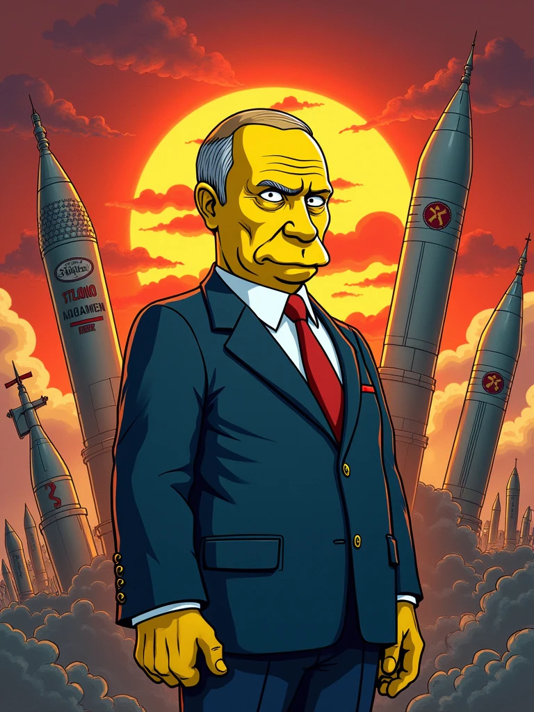 Vladimir Putin on apocalyptic background with nuclear weapons, bomb, Simpsons style, yellow skin