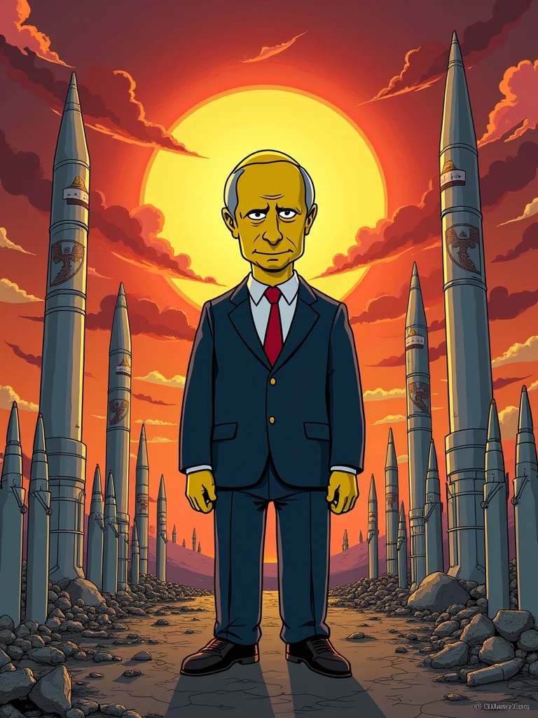 Vladimir Putin on apocalyptic background with nuclear weapons, bomb, Simpsons style, yellow skin