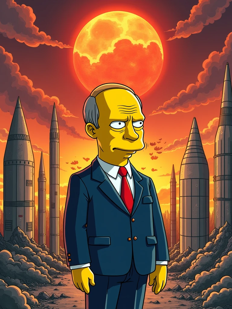 Vladimir Putin on apocalyptic background with nuclear weapons, bomb, Simpsons style, yellow skin