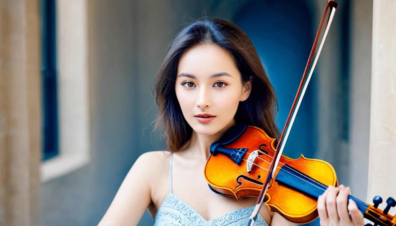 A beautiful woman with a violin and a beloved aura