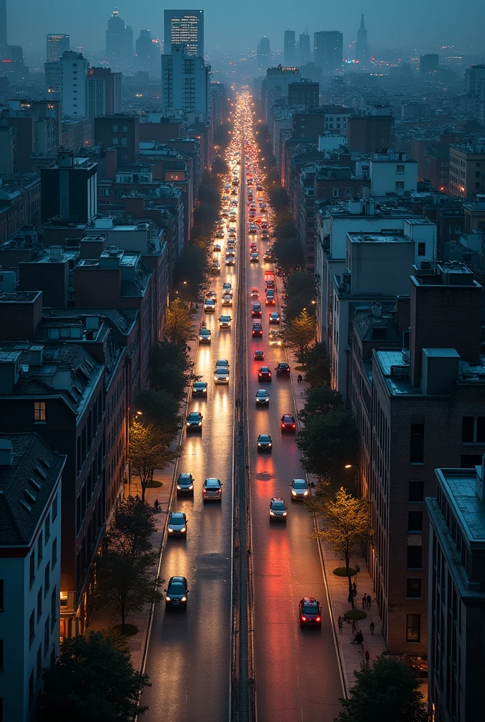 City seen from above with narrow sidewalks, no trees, poorly lit. Major roads in traffic jams.