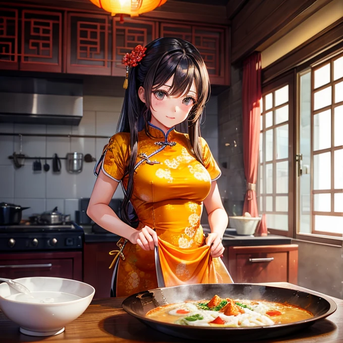 A woman in a Chinese dress making mapo curry