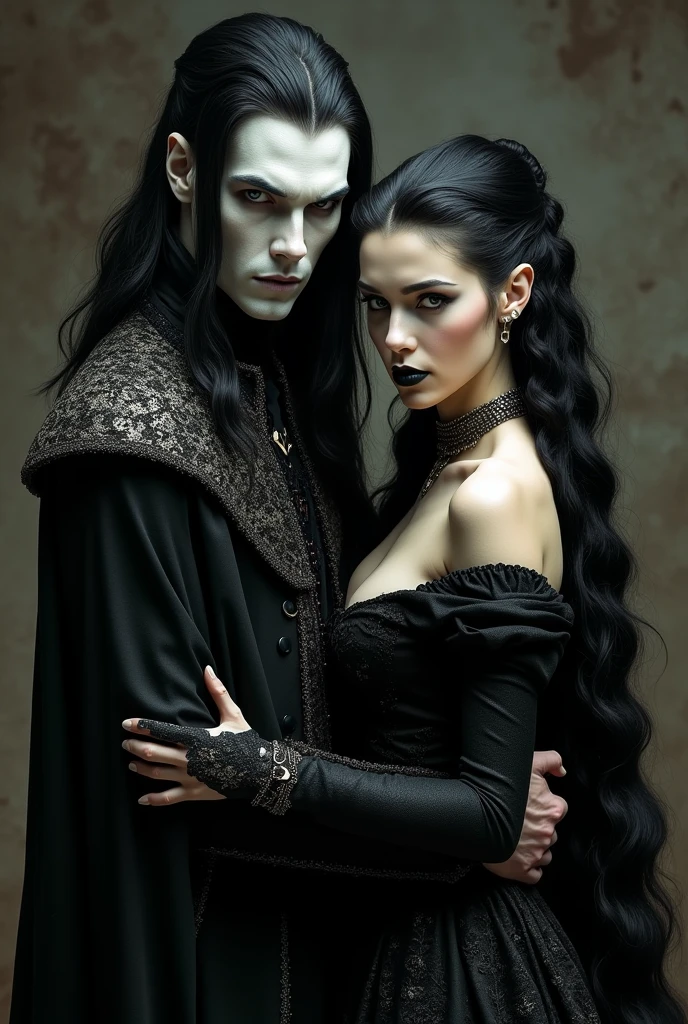 arafed image of a man and a woman dressed in black, wearing modern gothic clothes, dark and gothic, neo-gothic concept, neo gothic, gothic style, wearing a gothic dress, ominous gothic aesthetic, gothic clothing, wearing gothic accessories, gothic aesthetic, gothic art style, gothic influence, gothic clothes, gothic and futuristic, gothic wearing, gothic fashion, gothic