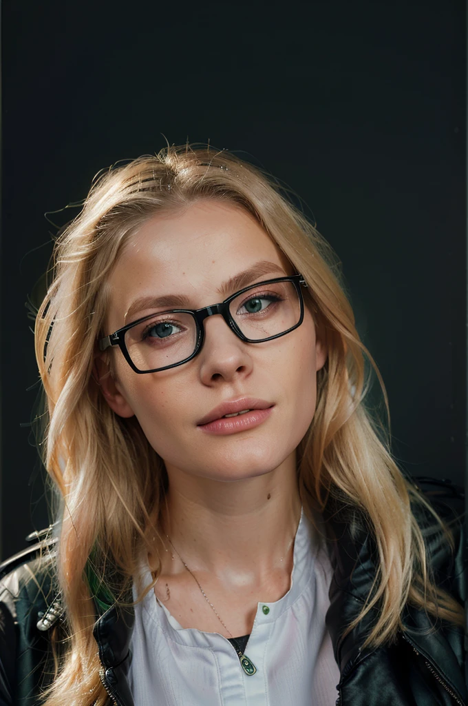 blond woman with glasses and a black jacket with a green sticker on her face, very high quality face, linn olofsdotter, headshot portrait, magdalena andersson, headshot profile picture, nft portrait, headshot photo, cynical face, high quality portrait, professional headshot, daniela uhlig, marthe jonkers, headshot photograph, johannen voss