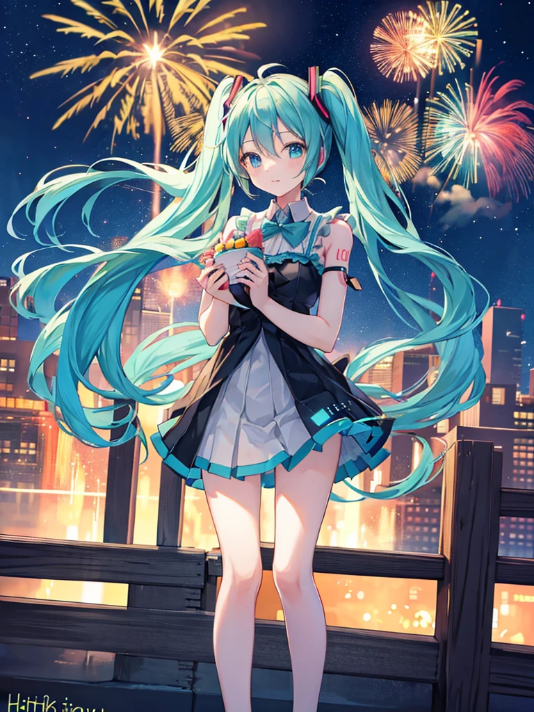 Hatsune Miku holding a birthday cake. Fireworks in the background.